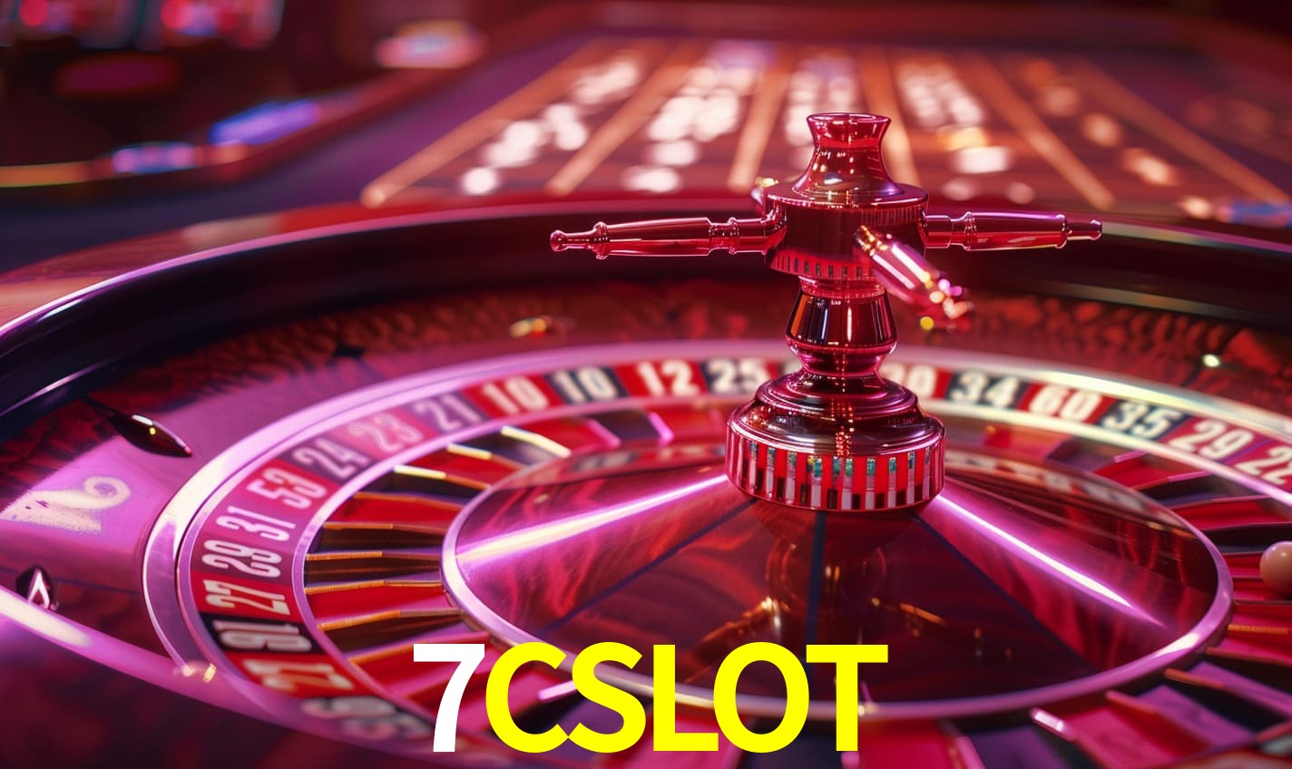 Escena dinámica inspirada en casino con iluminación 7CSLOT, cartas, fichas e íconos de juegos digitales en un espacio moderno de juegos.