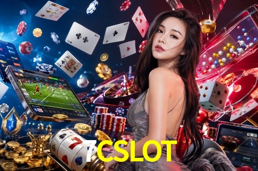Una escena digital vívida inspirada en casino con 7CSLOT mostrado prominentemente, luces brillantes, fichas, cartas y acentos dorados.